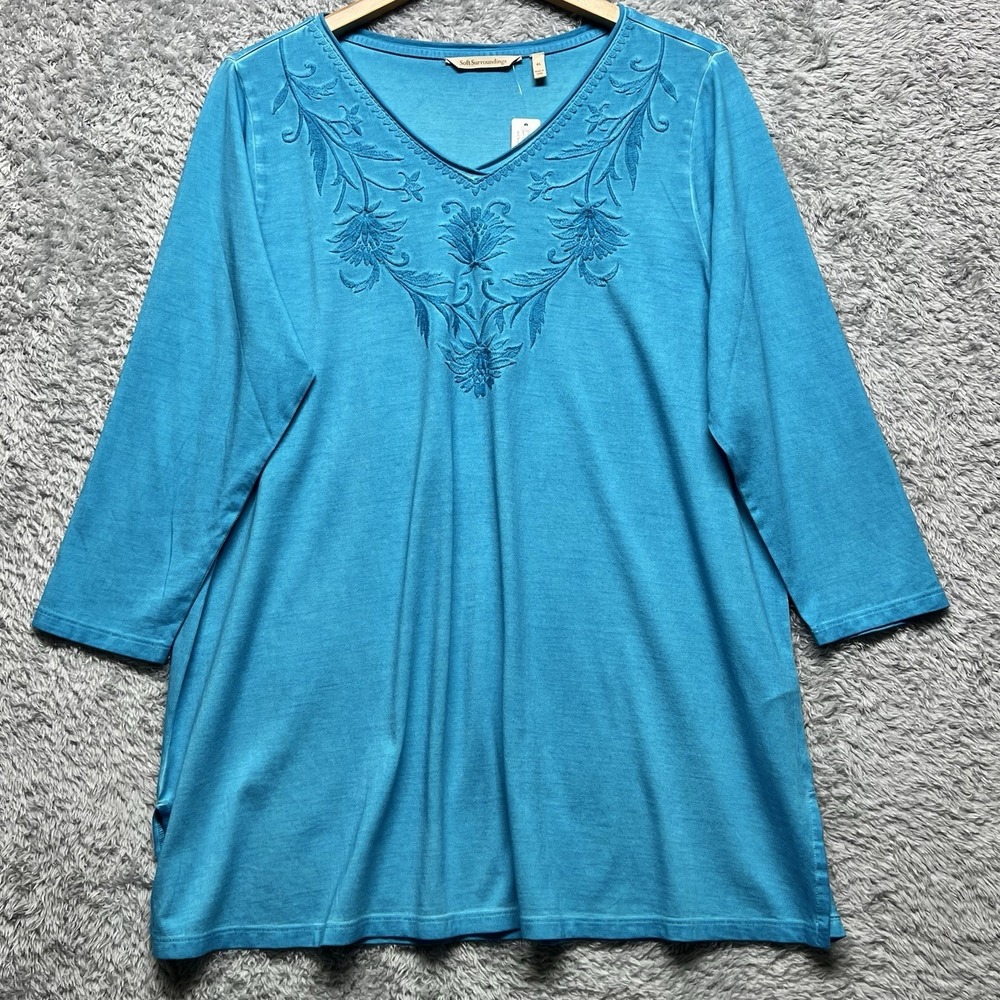 Soft Surroundings Tunic Top Womens XL Blue Embroidered V Neck 3/4 Sleeve Coastal